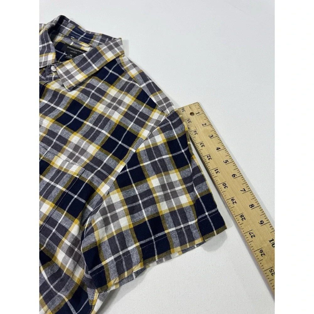 Banana Republic Men's XL Linen Blend Button Shirt Blue Yellow Plaid Lightweight